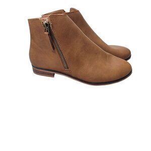 Girls Tan Faux Leather Ankle Boots Size 6 With Side Zipper